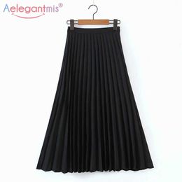 Aelegantmis Fashion High Waist A Line Skirt Casual Loose Pleated Long Skirts Woman Korean Solid Female OL Summer 210607