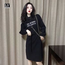 LY VAREY LIN Autumn Winter Women Plus Size Dress Long Sleeve Pullover with Belt Black Letter Print Ladies Dresses 210526