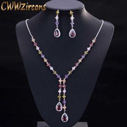 CWWZircons Elegant Multicoloured Cubic Zirconia Stone Long Dangle Drop Party Jewellery Sets for Women Necklace and Earring Set T226 H1022