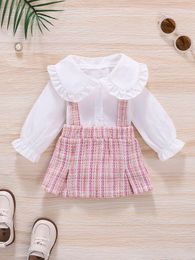 Baby Statement Collar Flounce Sleeve Top & Plaid Print Suspender Skirt SHE