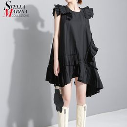 Korean Style Women Summer Solid Black Sleeveless Sundress Pleated Ruffles Ladies Plus Size Midi Casual Loose Sun Dress Robe 3659 210302