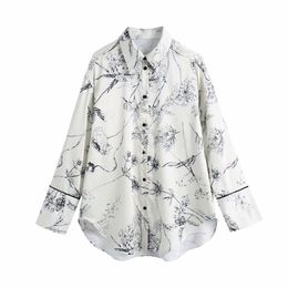 Elegant Women Sketch Print Shirts Fashion Ladies Turn Down Collar Satin Tops Streetwear Female Chic Loose Blouses 210527