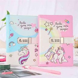 A5 Unicorn Password Notebook with Lock Office School Notepad Personal Diary PU skin High quality paper Journal Stationery Gift 210611