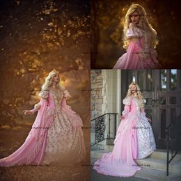 Gothic Sleeping Beauty Princess Mediaeval pink and gold Wedding Dress Long Sleeve Lace Appliques Victorian masquerade Bridal gown