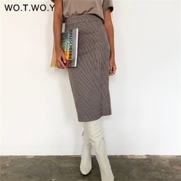 WOTWOY High Waist Wrapped Plaid Skirts Women Split Slim Midi-Long Pencil Female Casual Side Zippers Mujer Faldas 210619