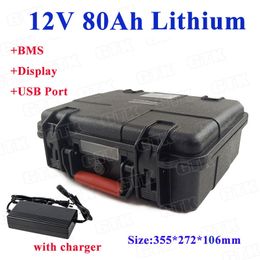 Powerful 12V 80Ah lithium li ion battery pack with BMS for AGM solar system RV auto car start battery power bank+10A Charger