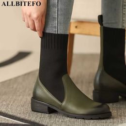 ALLBITEFO Knitted wool + genuine leather women boots autumn winter fashion leisure cow leather women ankle boots motocycle boots 210611