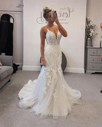 Sexy Spaghetti Straps Mermaid Wedding Dresses 2021 Lace Appliques Backless Sweep Train Modern Vestido De Novia Plus Bridal Gowns Custom Made