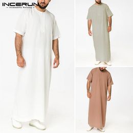 Saudi Style Zipper Jubba Thobe INCERUN Men Solid Color Robes Man Vintage Short Sleeve O Neck Muslim Arabic Islamic Clothes S-5XL