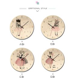New wooden printed picture wall clock lovely girl reloj de pared children's room environmental silent Horloge Y200109 744 K2