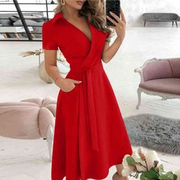 Women Mid-long A Line Dress 2022 Solid V-neck High Waist Dress Lacing Up Elegant Female Short Sleeve Dresses For Women Vestidos Y1204