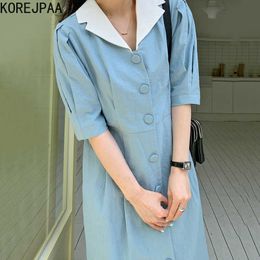 Korejpaa Women Dress Summer Gentle Temperament Lapel Detachable Contrast Color Single-Breasted Pleated Puff Sleeve Vestidos 210526