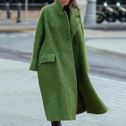 Abrigo elegante de mezcla de lana para mujer, abrigo de manga larga con doble botonadura para otoño e invierno, bolsillos con solapa, ropa de abrigo de lana cálida