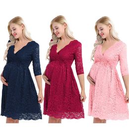 Womens Maternity Elegant Floral Lace Overlay V Neck Half Sleeve Knee Length Pregnant Photography Dress for Formal Evening Party