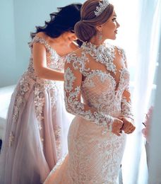 Luxury Dubai Champagne Mermaid Wedding Dresses gown High Neck Lace Appliques Long Sleeves With Detachable Train Plus Size Formal Bridal Gowns