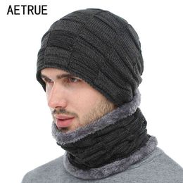 AETRUE 2019 Winter Beanie Hat Scarf skullies beanies Soft Skull Warm Baggy Cap Mask Gorros Winter Hats For Men Women Knitted Hat Y21111