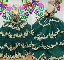 Gold And Hunter Green Quinceanera Dresses Princess Sweetheart Top Beaded Applique Four Layers Ball Gown Sweet 16 Dress Prom Tulle