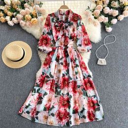 Women Spring Fashion Bow Neck Print Holiday Long Sleeve A-line Dress Vintage Party Clothes Elegant Vestido De Mujer S259 210527