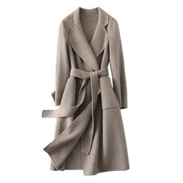 Winter Classic Double-Faced Cashmere Coat Woolen Female Outerwear Belt Wool Coat S3652 211130