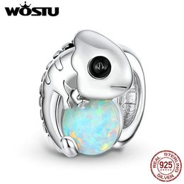 WOSTU Opal Charms 925 Sterling Silver Chameleon Animal Opal Beads Charms fit Women Bracelets Silver 925 Jewellery Making CTC254 Q0531