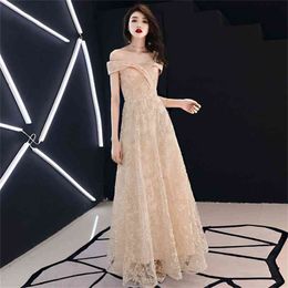 Summer Off The Shoulder Evening Party Dress Woman Slash-neck Elegant Slim Beige Embroidery Women Maxi Dresses Long 210603
