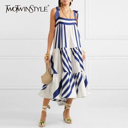 TWOTWINSTYLE Striped Spaghetti Strap Dress Summer Clothes For Women Streetwear Boho Sleeveless A Line Elegant Long Dresses 210303