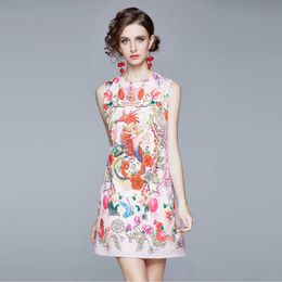 Fashion Women Summer Dress Cute Floral Printed Mini Vestidos O Neck Sleeveless Party A-line 210529