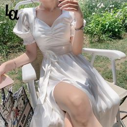 Luck A French Ruffle Dress Women Sexy Puff Sleeve Split Dress Office Lady Korean Style Summer Elegant Chiffon Fairy Dress 210316