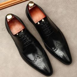 Men Genuine Cow Leather Brogue Wedding Business Mens Fashion Flats Shoes Black Vintage Oxford Shoes For Mens Formal Shoes