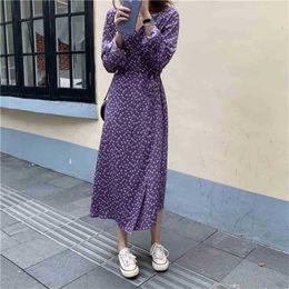 Autumn Purple Chic Print Floral Loose V-Neck Lace Up Sweet Gentle All-Match Casual Cute Girls Women Fresh Dresses 210525