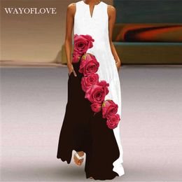 WAYOFLOVE Red Rose Print Maxi Dress Casual Plus Size Sleeveless Long Dresses Summer Woman Girl Summer Beach Dress Women 210602