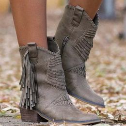 Designer Vintage Cowboy Cowgirls Pointed Toe Western Boots For Women Fringe Retro Chunky Heel Punk Shoes