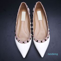 2021 34/40 genuine leather v stud ballerina flats blue black nude red yellow rose pink fashion women 996