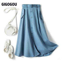 GIGOGOU Big Pocket Women Long Midi Skirt Elegant High Waist Pleated A Line Skirts Spring Summer Tulle Tutu Skirts Jupe Longue 210310