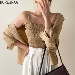 Korejpaa Women Shirt Summer Korean Chic Girl All-Match Wrinkled Wood Ears Slimming Sling Long-Sleeved Sunscreen Blouses 210526