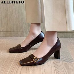 ALLBITEFO square toe genuine leather women heels shoes fashion thick heel cow leather shoes women's high heel shoes high heels 210611