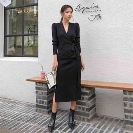 winter knitting 2 piece Set Korean ladies long Sleeve V neck tops and Long Sweater Skirt warm party suit for women clothing 210602
