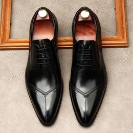 British Style Genuine Leather Men Business Shoes Lace-Up Pointed Toe Handmade Retro Bullock Dress Formal Wedding Shoes Men G35