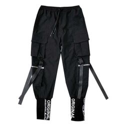 Hip Hop Men Ribbons Cargo Pants Fashion Harajuku 2020 New Elastic Waist Casual Streetwear Mens Joggers Trousers Black X0723
