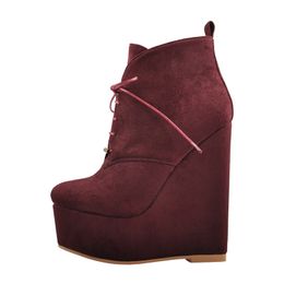 Womens Round Toe Platform Wedge Zip Burgundy Boots Heels High Flock Fashion BIG Size Booties.