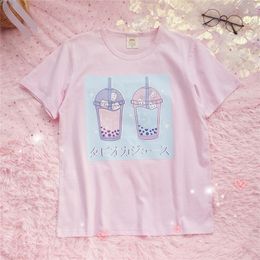 Summer Small Fresh Students Pink Milk Tea Print Short Sleeve T-shirt Tee Kawaii Harajuku Soft Girl Ulzzang Women's Loose Tops 210306