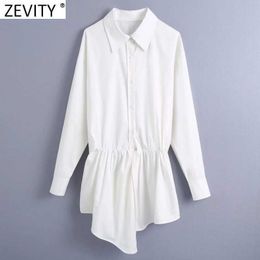 Zevity Women Fashion Irregular Hem White Smock Blouse Office Lady Long Sleeve Chic Shirts Business Femininas Tops LS7549 210603