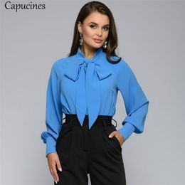 Capucines Bow Tie Neck Blouse Women Autumn Long Sleeve Casual Tops and Blouses Elegant Lantern Sleeve Ladies Workwear Shirts 210225