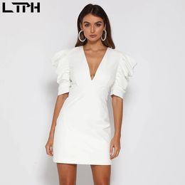 Spring new women dress princess Puff sleeved Sexy backless V-neck buckle Fashion Solid wild straight dresses 210316