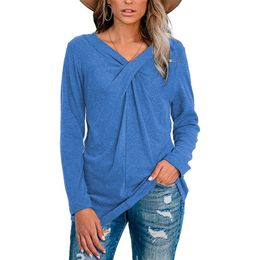 Women's Tshirt Tops Spring Autumn Casual Soft Solid Colour Neckline Kink Long Sleeve T-shirt Large Size V Neck Female 210526