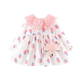 2pc Toddler Girls Ruffles Doll Collar Strawberry Dresses+Fox Satchel Outfits Casual Clothes Baby Kids Print Princess Dress Robe Q0716