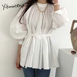 Yitimuceng Long Blouse Women Oversized Lace Up Doll Shirts Korean Fashion Lantern Sleeve Black White Spring Summer Tops 210601