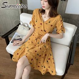 SURMIITRO Women Summer Mini Dress Korean Short Sleeve Yellow Fruit Print Sundress Tunic Party Sun Knee Length Dress Female 210712
