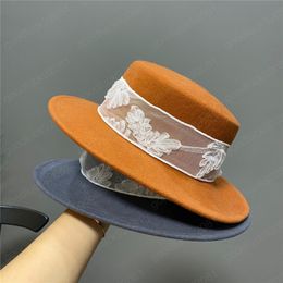 autumn winter women wool wide brim hats elegant fashion lace flower ribbon fedoras cap ladies panama jazz hat