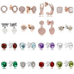 NEW 2021 100% 925 Sterling Silver Gem Pearl Ear Studs Fit DIY Original Bracelet Fshion Jewelry Gift